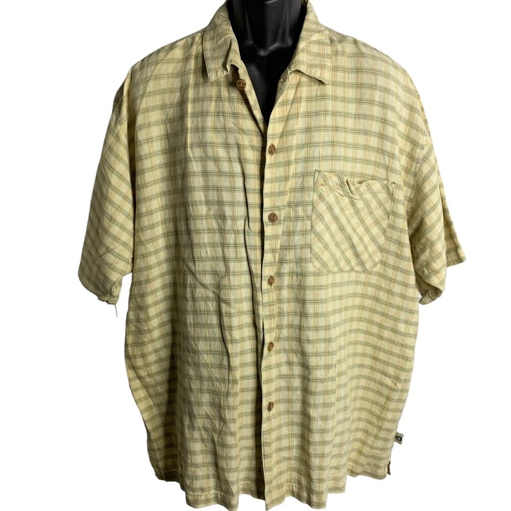 Vintage 90s Bugle Boy Button Up Camp Shirt 2XL Beige Plaid Collar Chest Pocket